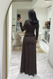 Kahve Kemer Detaylı Maxi Basic Elbise SY-3618-Kahverengi