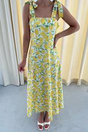 Limon Desenli Omuz Bağcıklı Elbise SY-3308-Limon