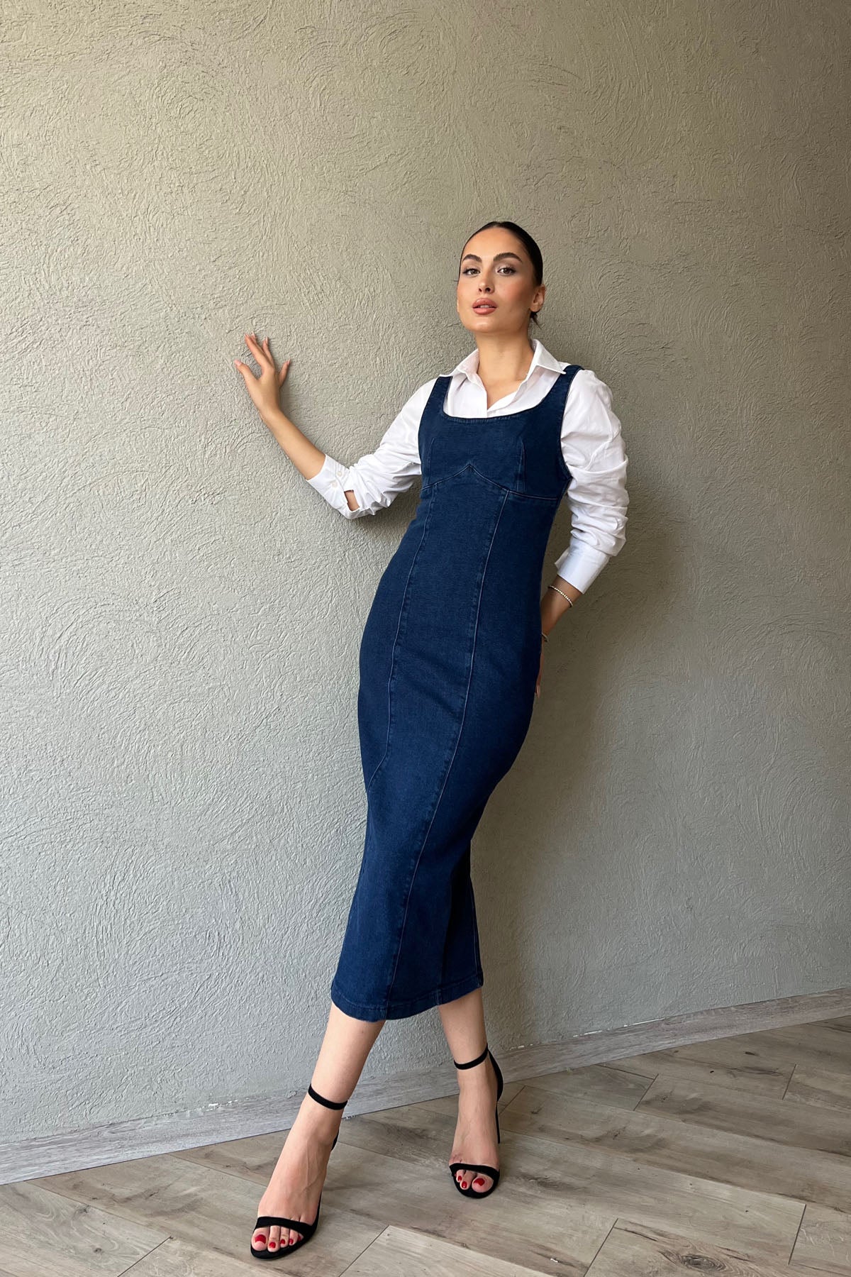 Koyu Mavi Arkadan Yırtmaç Detaylı Denim Kalem Elbise SY-1273-Koyu Mavi