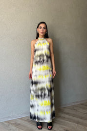Sarı Çok Renkli Halter Yaka Uzun Elbise SY-2021-Sarı