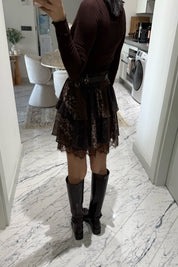 Kahverengi Kemerli Mini Etek SY-3545-Kahverengi