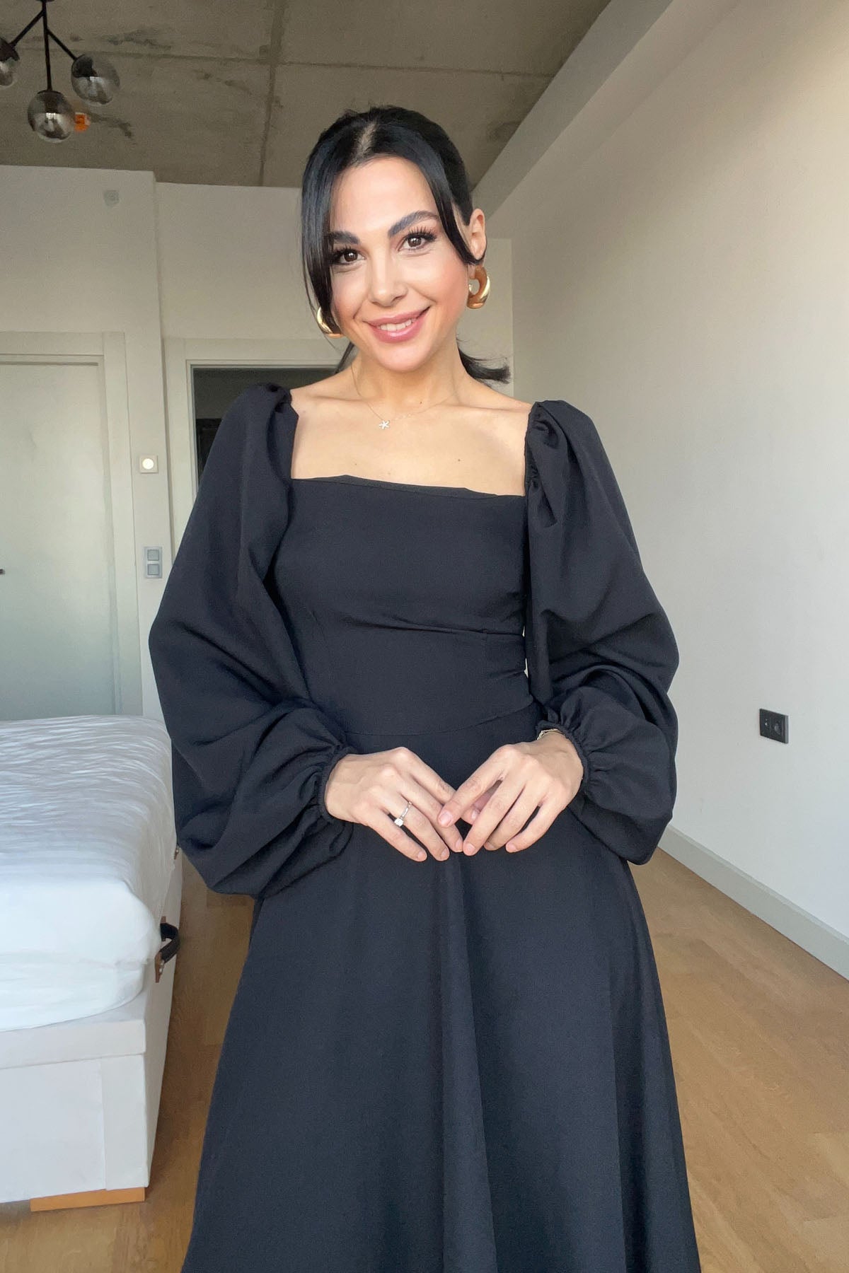 Siyah Zernes Balon Kol Midi Elbise SY-2673-Siyah