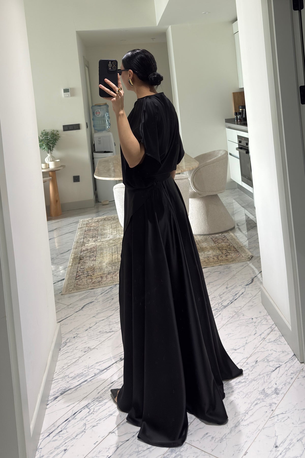 Siyah Saten Yırtmaçlı Elbise SY-3641-Siyah