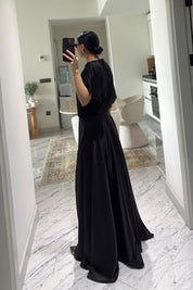 Siyah Saten Yırtmaçlı Elbise SY-3641-Siyah