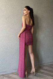 Pembe Goblen Dokulu Parlak Sarkıt Kumaş Mini Elbise SY-1243-Pembe