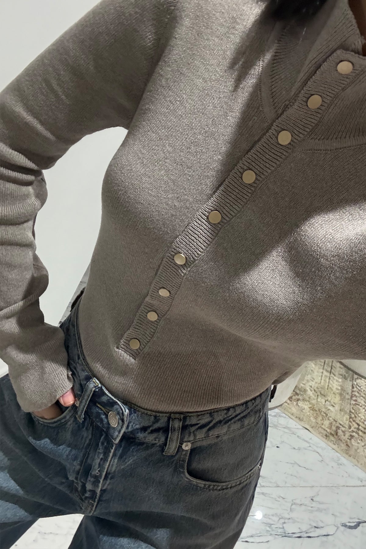 Vizon Dik Yaka Çıtçıtlı Triko Kazak SY-3502-Vizon