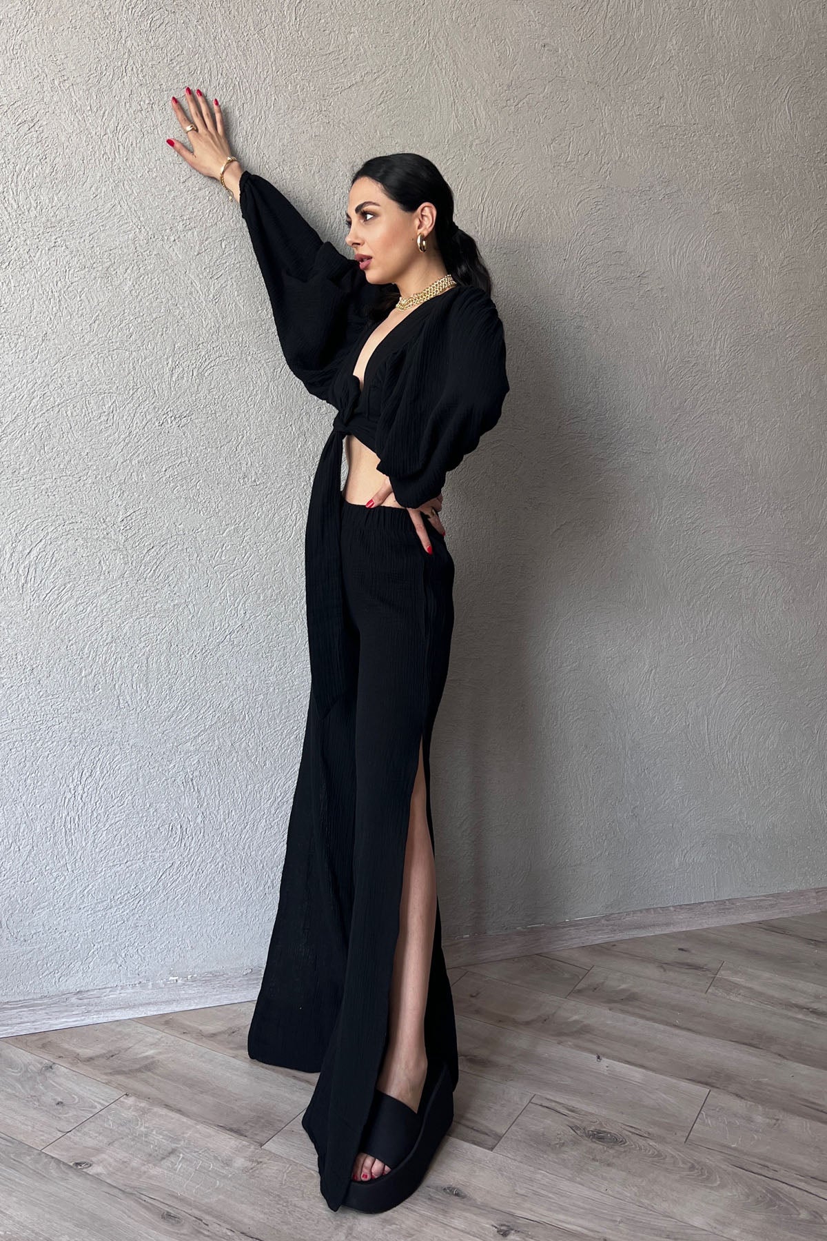 Siyah Bel Lastikli Derin Yırtmaçlı Pantolon SY-0458- Siyah