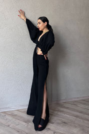 Siyah Bel Lastikli Derin Yırtmaçlı Pantolon SY-0458- Siyah