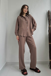 Kahve Belden Pens Dikişli Bol Paça Gömlekli Keten Takım SY-0357-Kahve