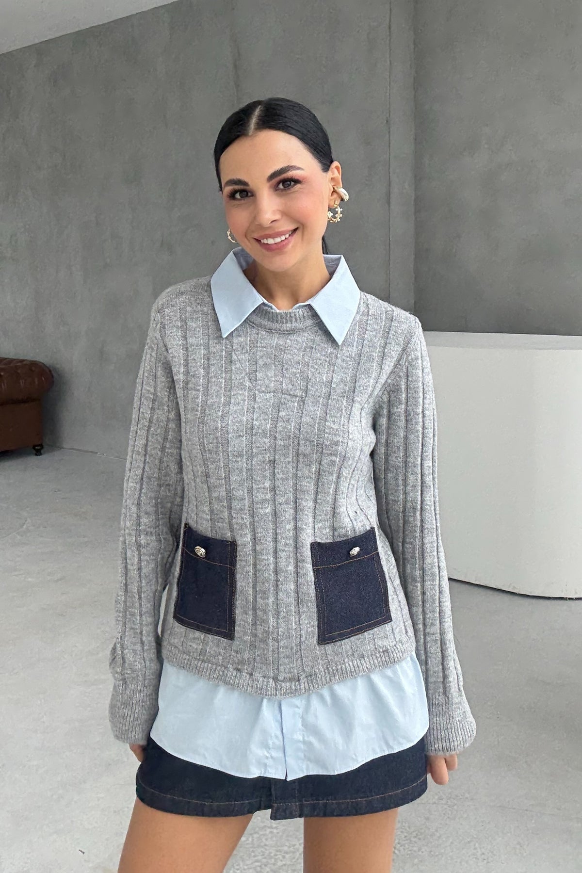 Gri Süveterli Gömlek SY-3404-Gri