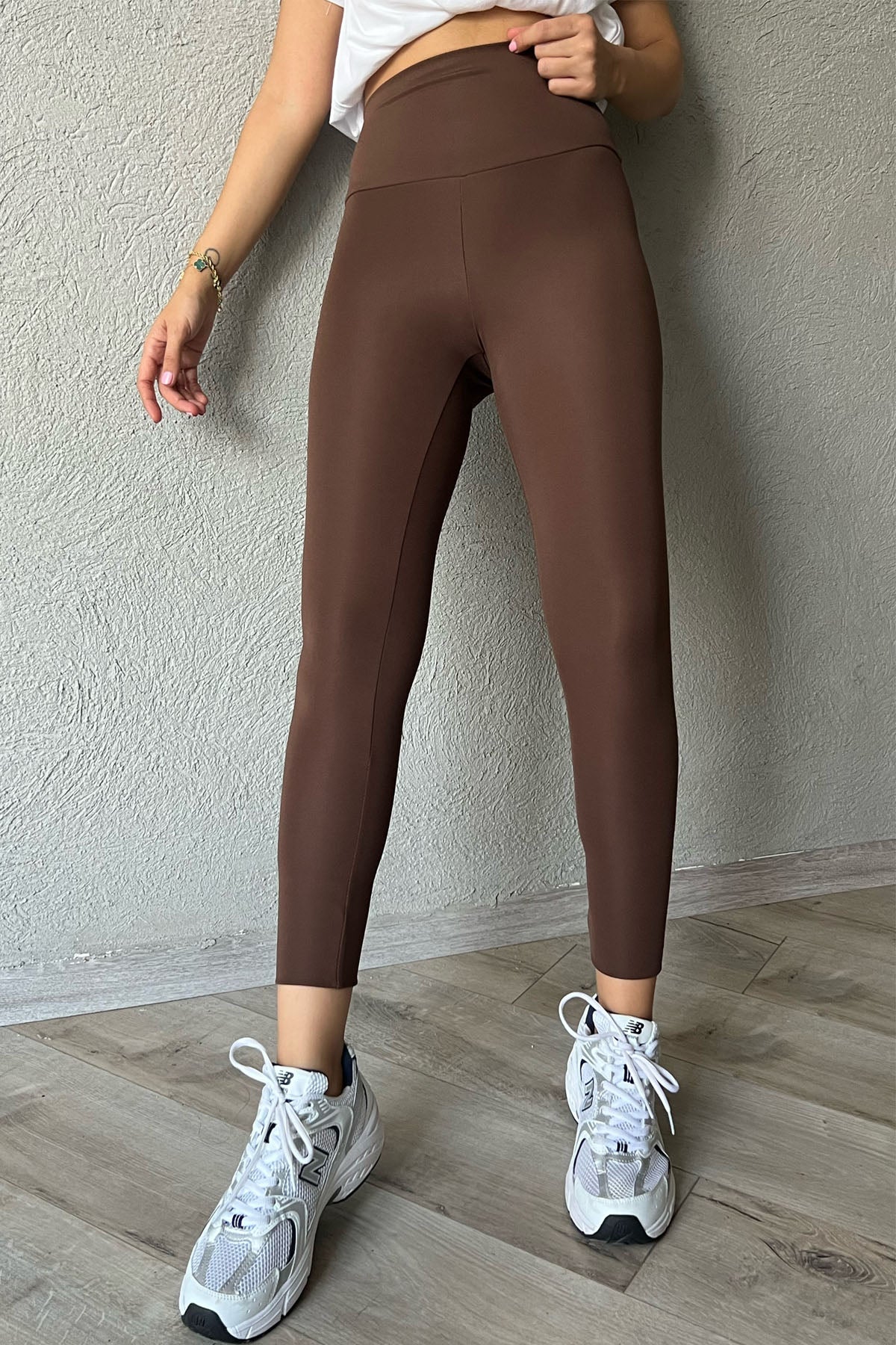 Kahve Yüksek Bel Biker Uzun Tayt SY-2656-Kahve
