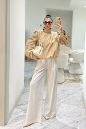 Ekru Pilili Palazzo Pantolon SY-3598-Ekru