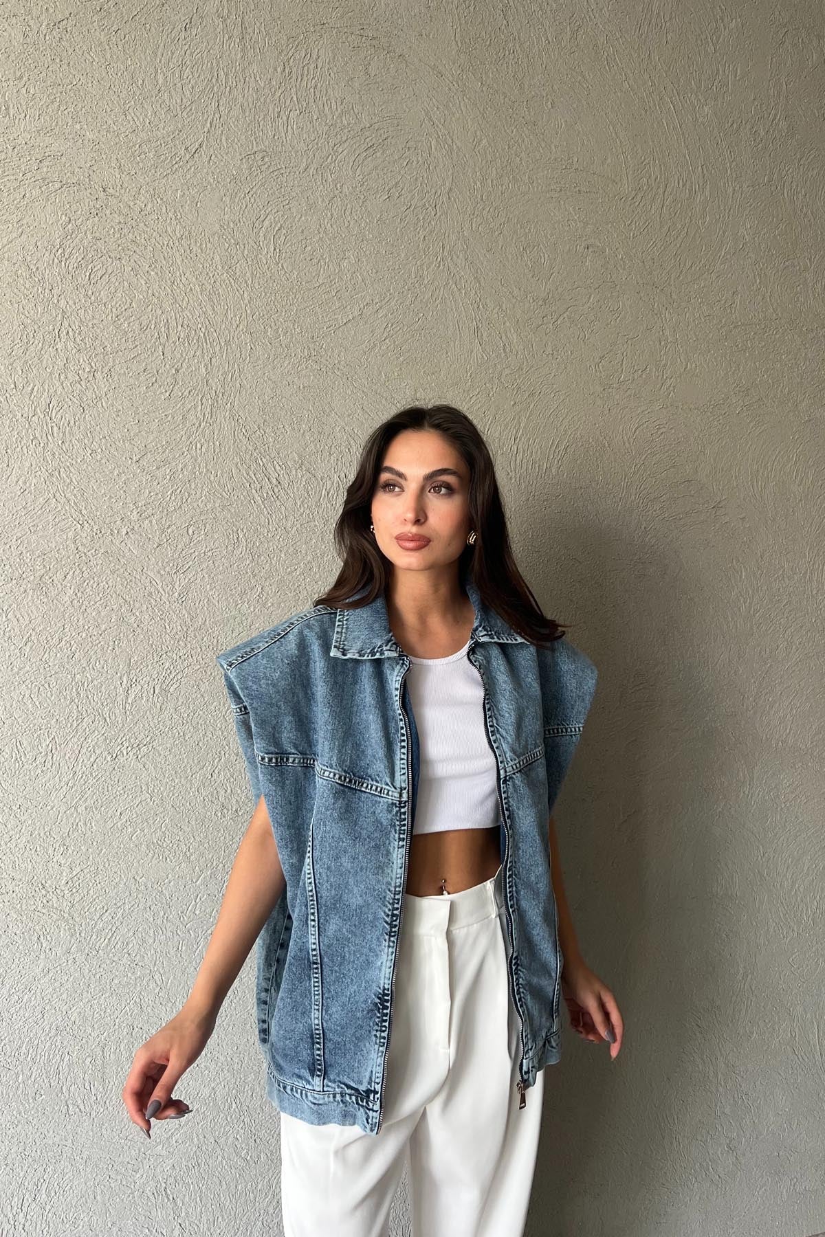 Açık Mavi Vatka Detaylı Önü Fermuarlı Denim Yelek SY-1733-Açık Mavi