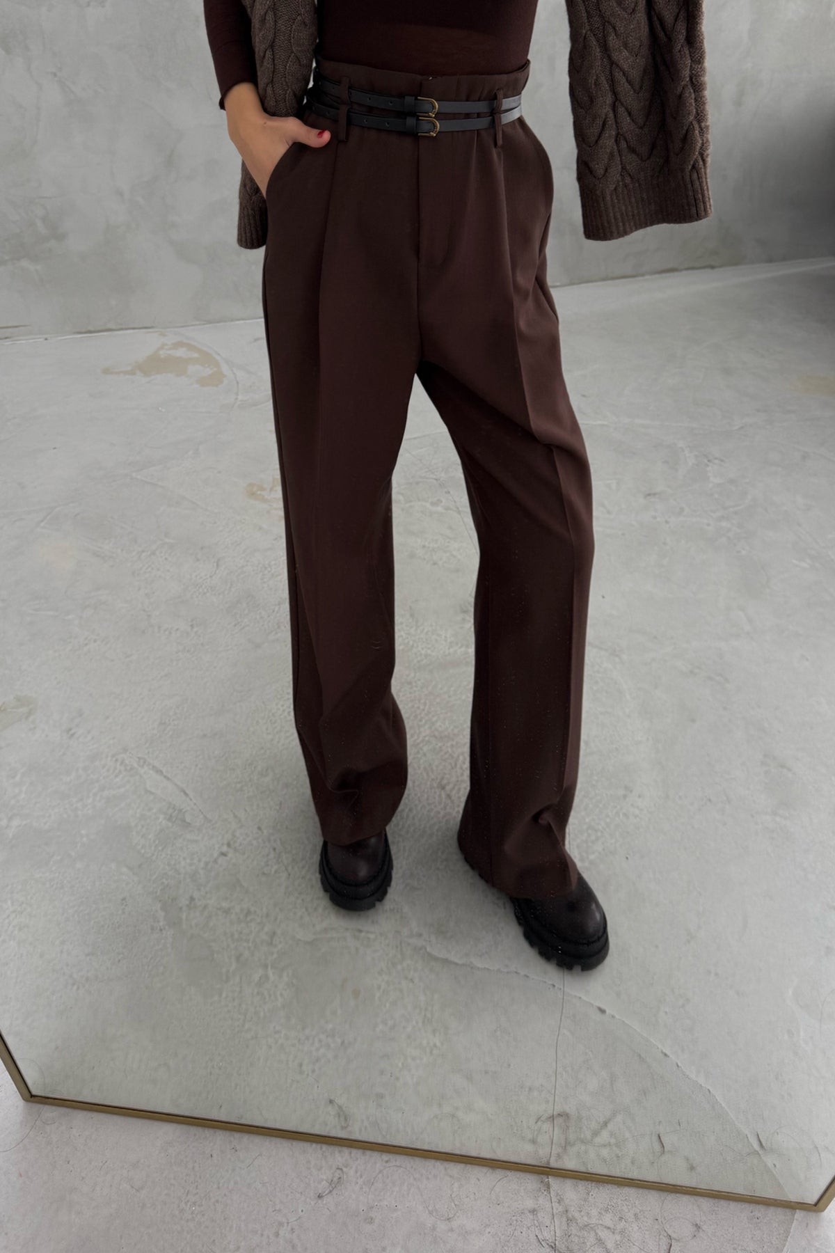 Kahverengi Çift Kemerli Premium Palazzo Pantolon SY-3471-Kahverengi