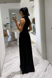 Siyah Halter Yaka Maxi Davet Elbisesi Ön Drapeli SY-3782-Siyah