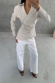 Ekru Asimetrik Düğmeli Drapeli Gömlek SY-3318-Ekru