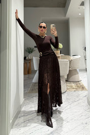 Gold Toka Detaylı Kahverengi Dantel Etek SY-3546-Kahverengi