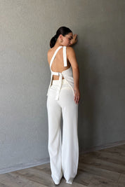 Ekru Aparat Detaylı Tek Omuz Bağlamalı Asimetrik Yelek SY-2341-Ekru