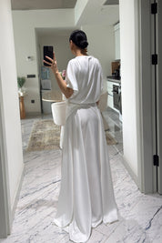 Beyaz Saten Yırtmaçlı Elbise SY-3641-Beyaz