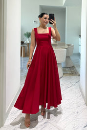 Kırmızı Kare Yaka Füsun Prenses Elbise SY-3649-Kırmızı