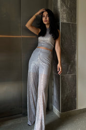 Gümüş Pullu Transparan Bluz ve Beli Lastikli Pantolon Takım SY-1141-Gümüş