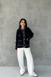 Siyah-Ekru Çizgili Cepli Simli Hırka SY-2452-Siyah