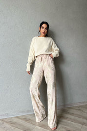 Bej Beli Lastikli Bağlamalı Varak Baskılı Palazzo Pantolon SY-1142-Bej