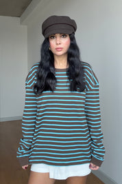 Kahve Çizgili Uzun Kollu Oversize Tişört SY-3883-Kahve