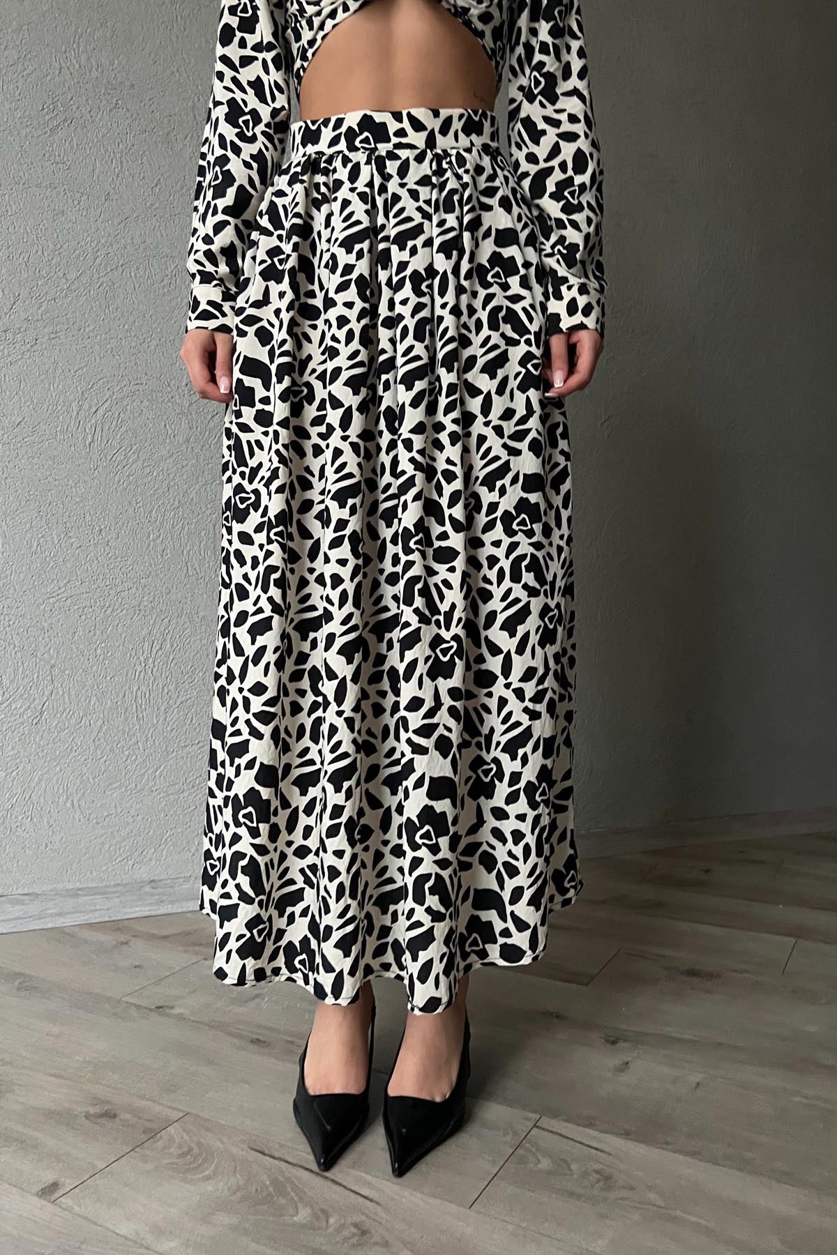 Ekru Siyah Desenli Gömlek Etek Takım SY-1751-Ekru