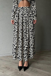 Ekru Siyah Desenli Gömlek Etek Takım SY-1751-Ekru