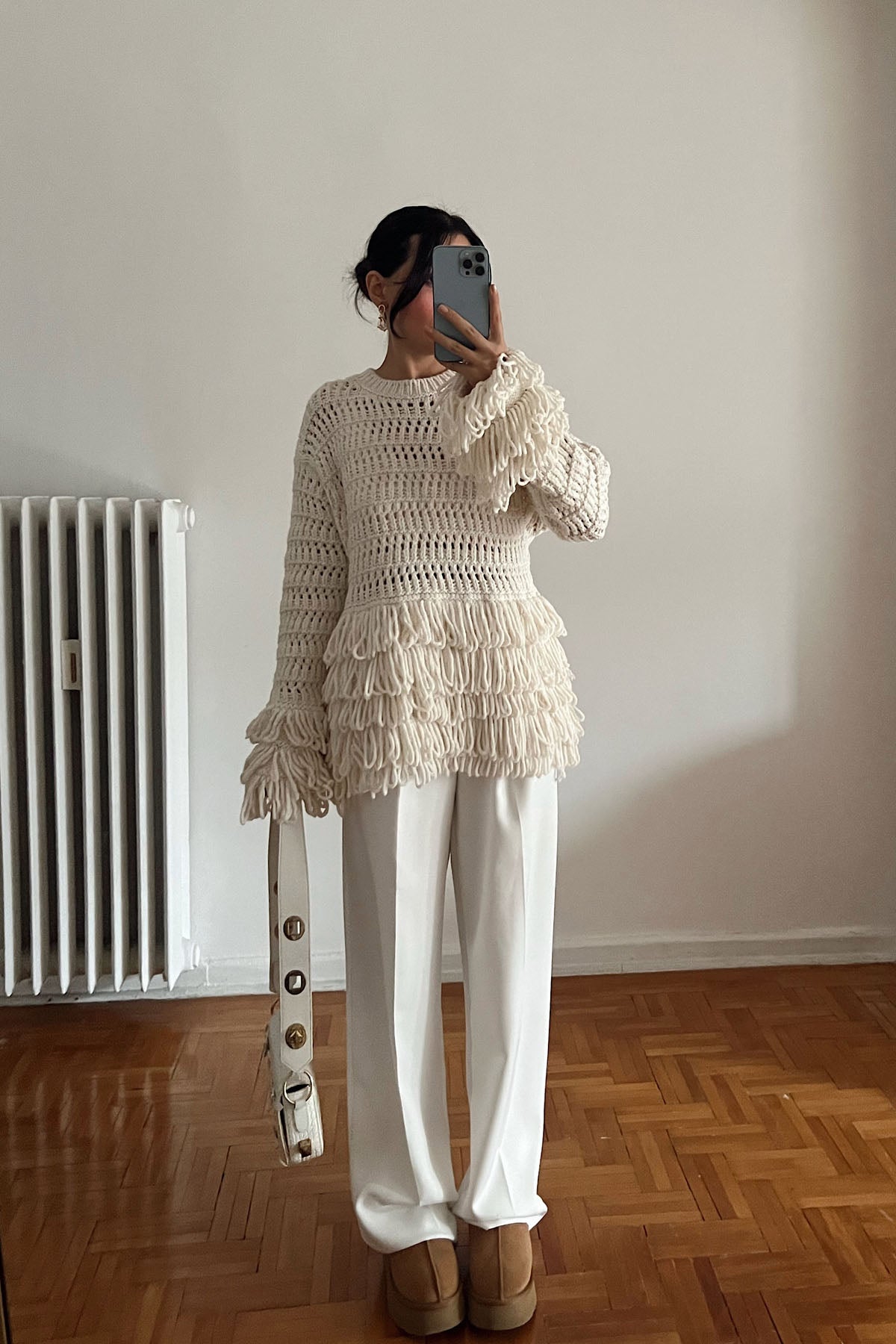 Ekru Örme Triko Püsküllü Kazak SY-2748-Ekru