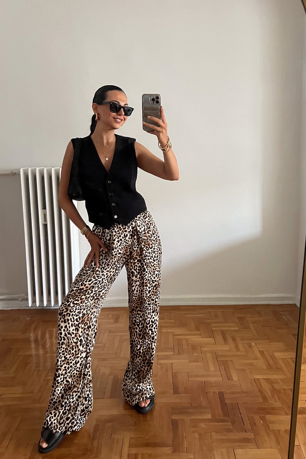 Leopar Bol Beli Lastikli Saten Pantolon SY-2209-Leopar