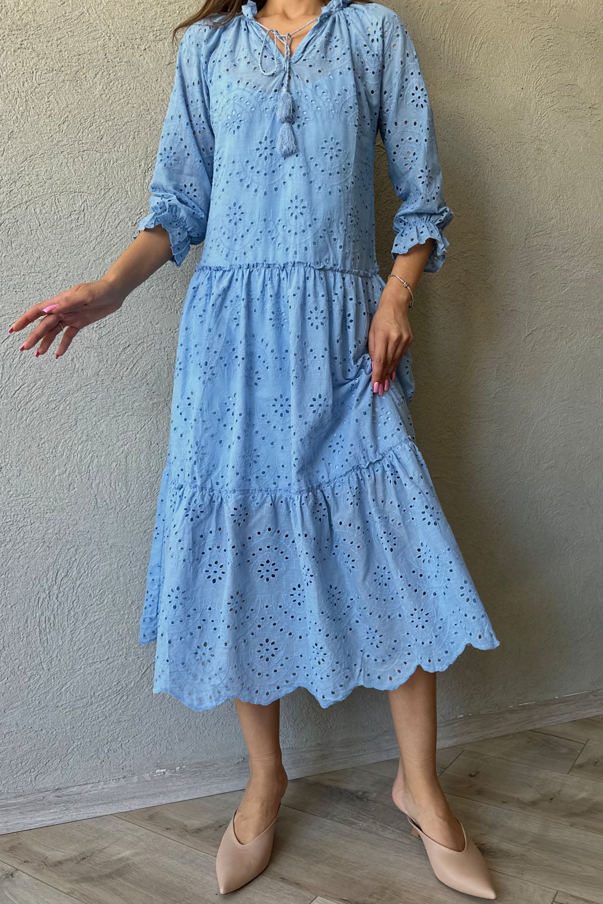 Mavi Brode  Astarlı Midi Boy Elbise SY-0544-Mavi