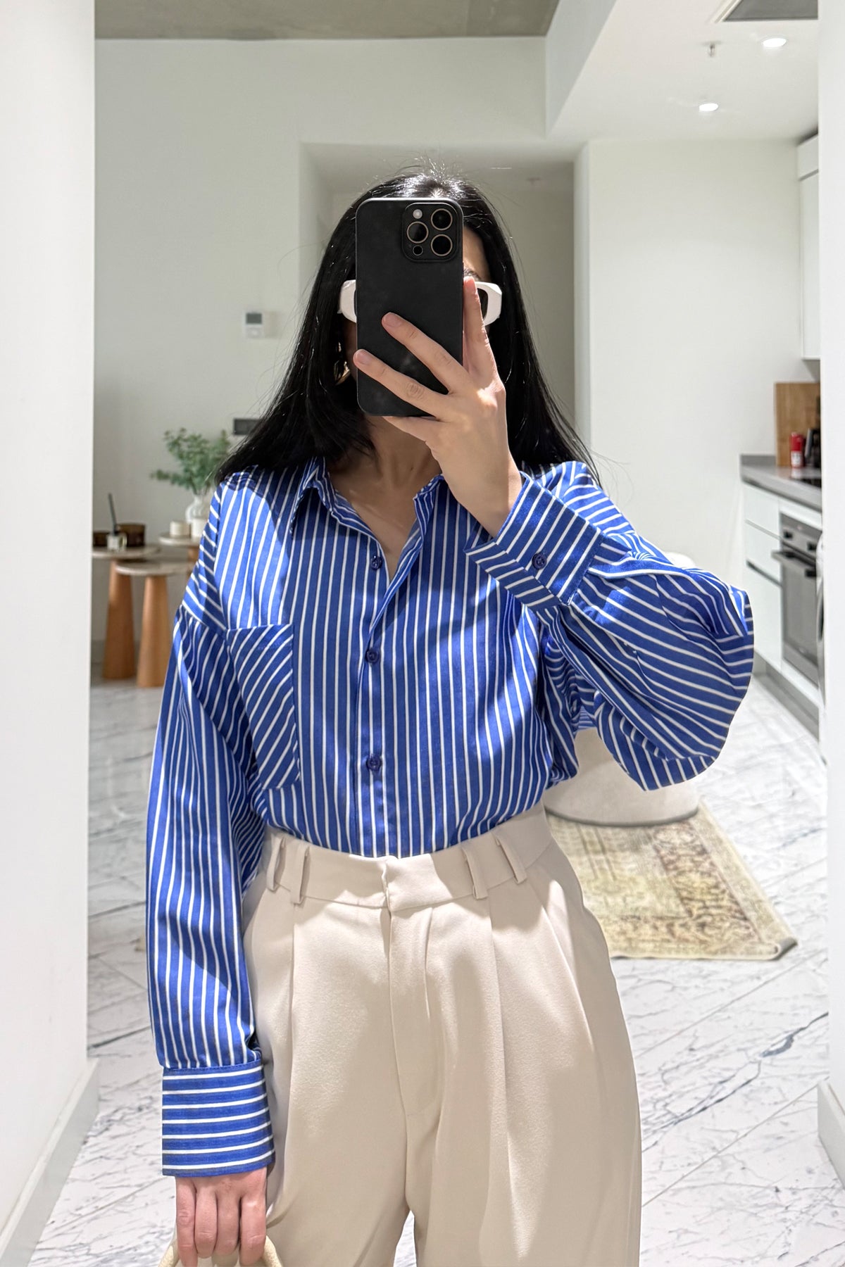 Koyu Mavi Çizgili Kadın Gömlek SYM-3428-Koyu Mavi