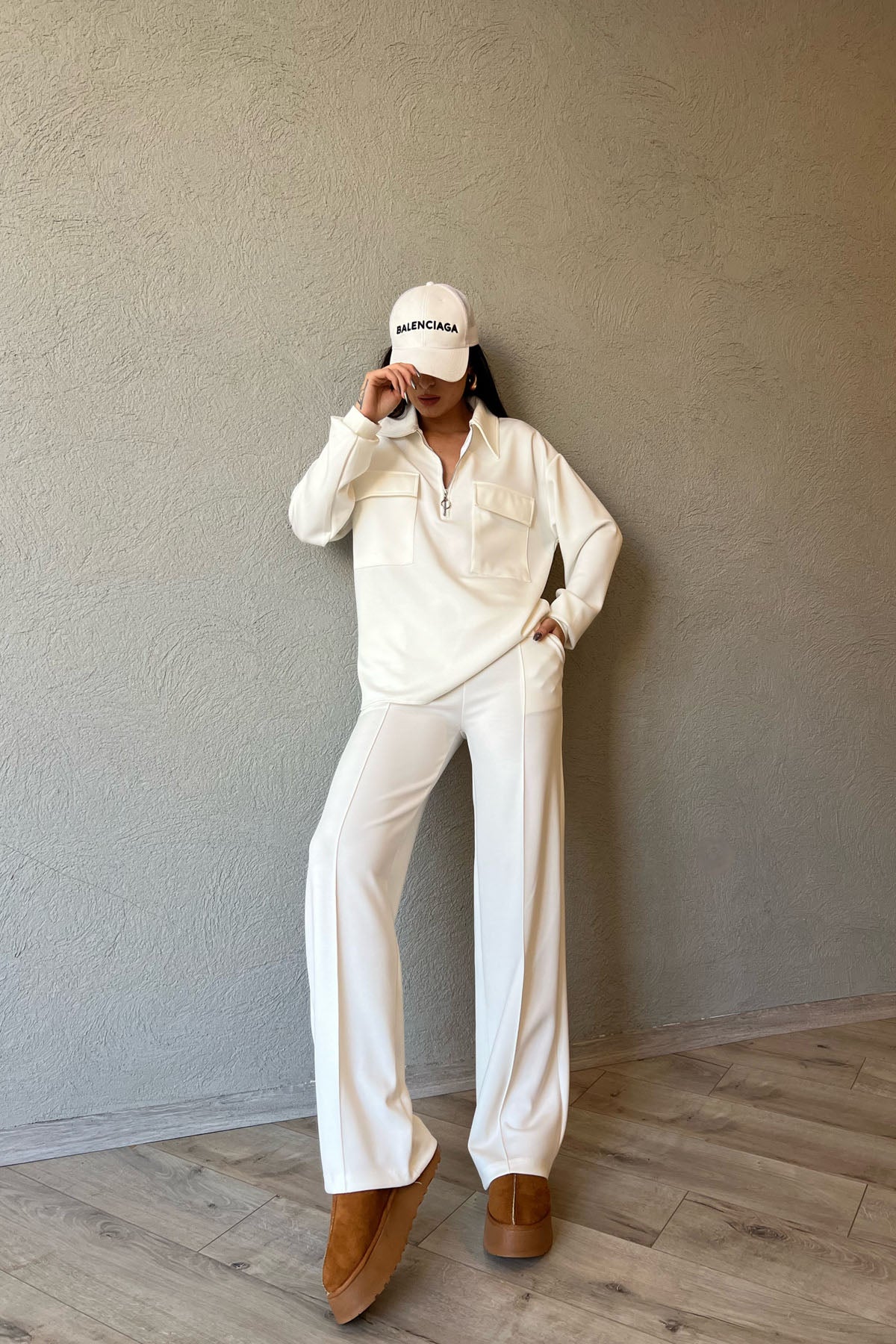 Ekru Fermuarlı Sweat ve Bol Paça Pantolon Takım SY-1490-Ekru