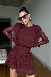 Bordo Güpürli Midi Tasarım Elbise SY-3489-Bordo