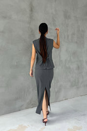 Antrasit Arkası Kısa Kemer Detaylı Yelek ve Yırtmaçlı Etek Takım SY-2482-Antrasit