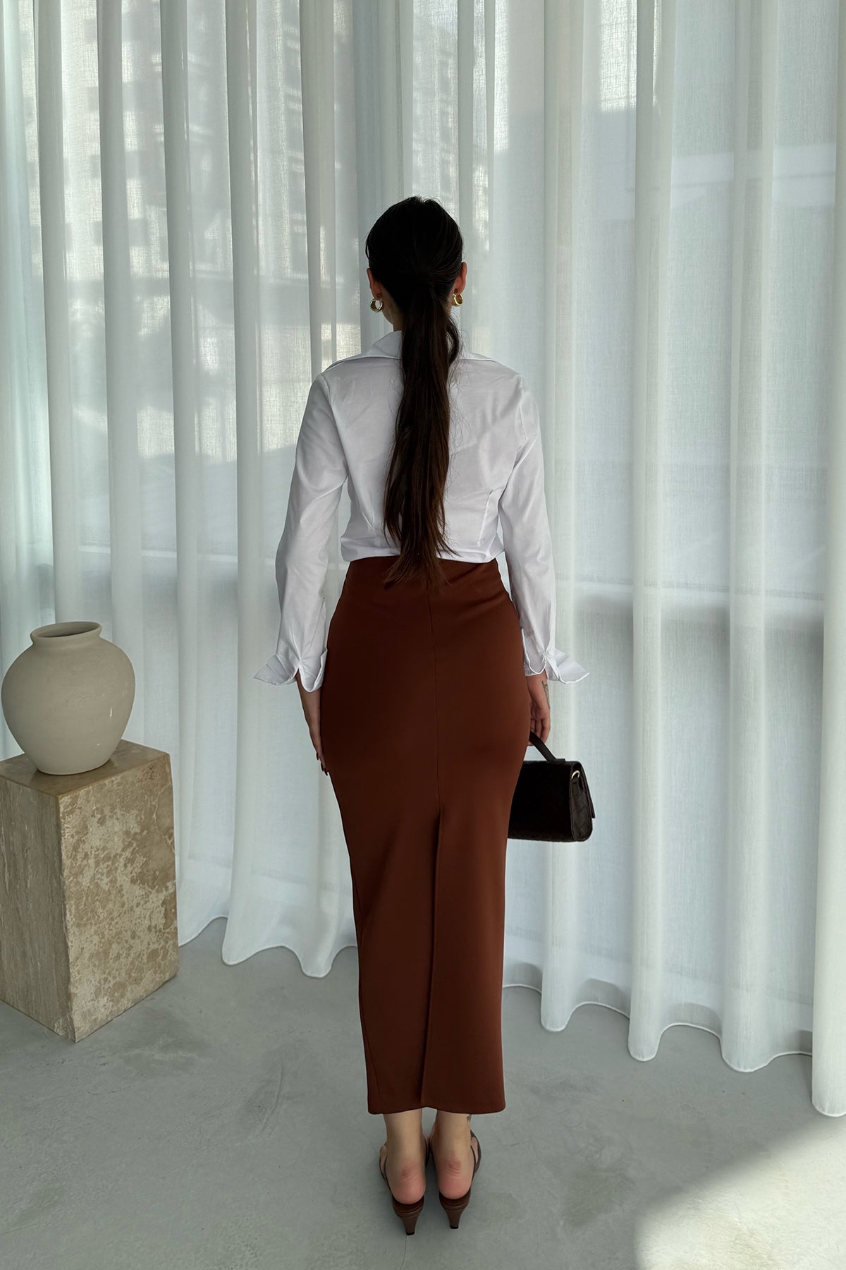 Kahve Arkası Yırtmaçlı Kalem Etek SY-2776-Kahve