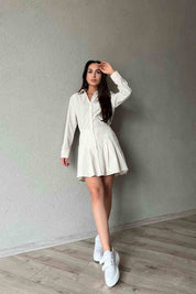 Sarı Çizgili Mini Poplin Gömlek Elbise SY-1701-Sarı