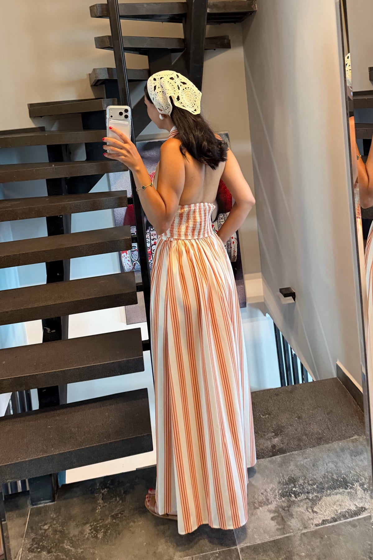 Turuncu Çizgi Desenli Crop Bluz Uzun Etek Takım SY-3743-Turuncu