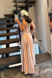 Turuncu Çizgi Desenli Crop Bluz Uzun Etek Takım SY-3743-Turuncu