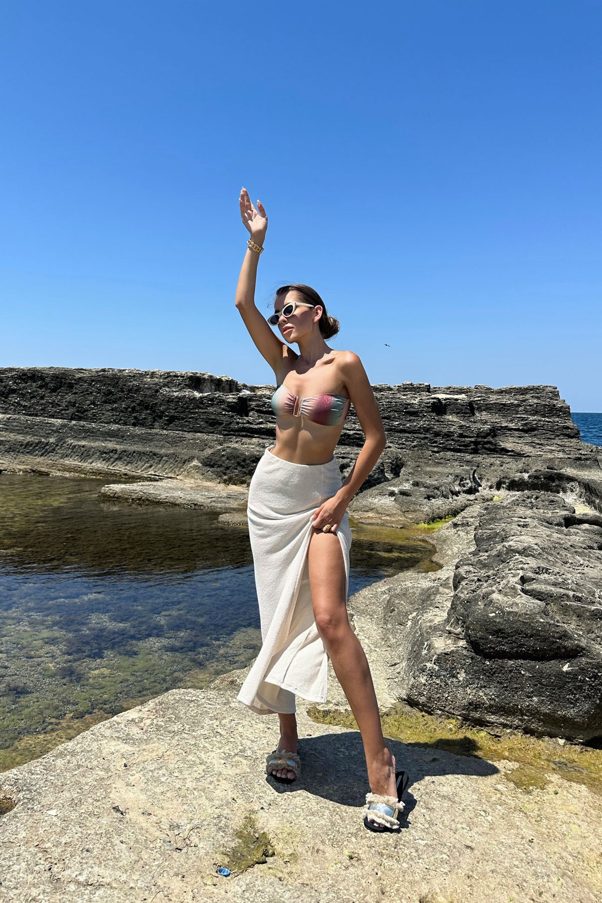 Bej Merserize Yırtmaçlı Çan Etek SY-0792-Bej