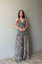 Siyah Desenli Yırtmaçlı Nice Elbise SY-1955-Siyah