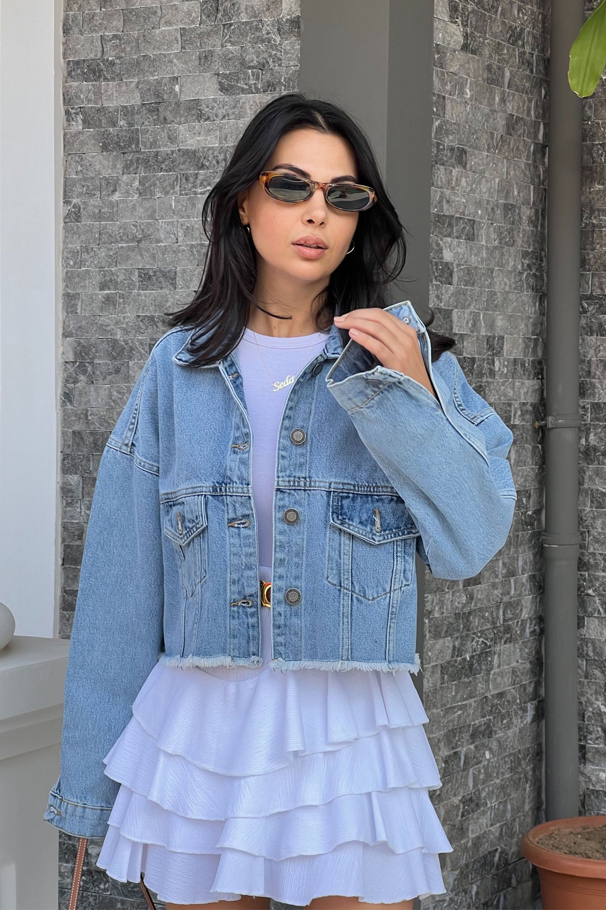 Açık Mavi Crop Kot Ceket SY-2428-Açık Mavi