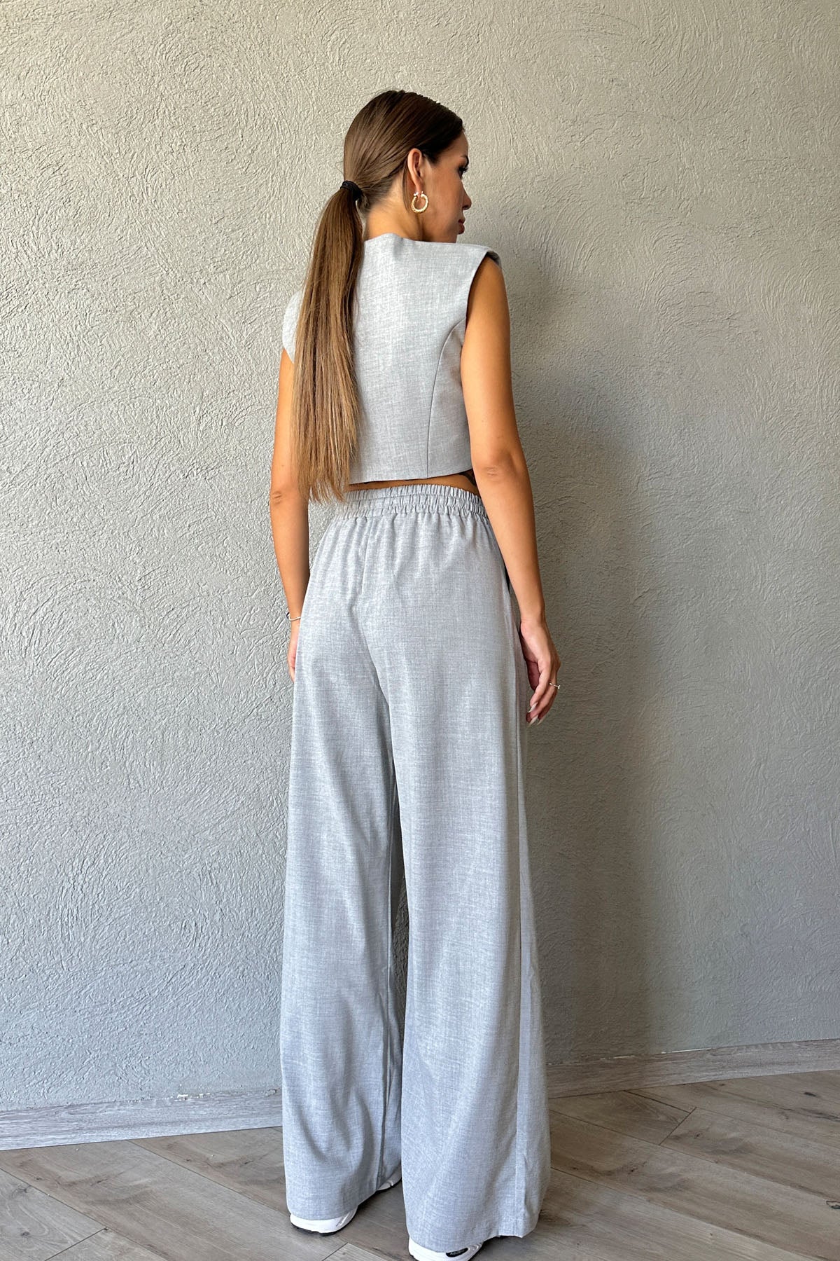 Gri Süs Cepli Yelek ve Beli Lastikli Pantolon Takım SY-0937-Gri