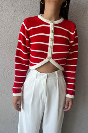 Kırmızı Düğmeli Asimetrik Çizgili Crop Hırka SY-1039-Kırmızı