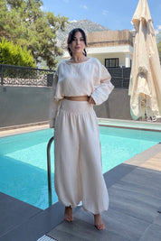 Bej Gipeli Bel Pantolonlu Müslin Takım SY-3783-Bej