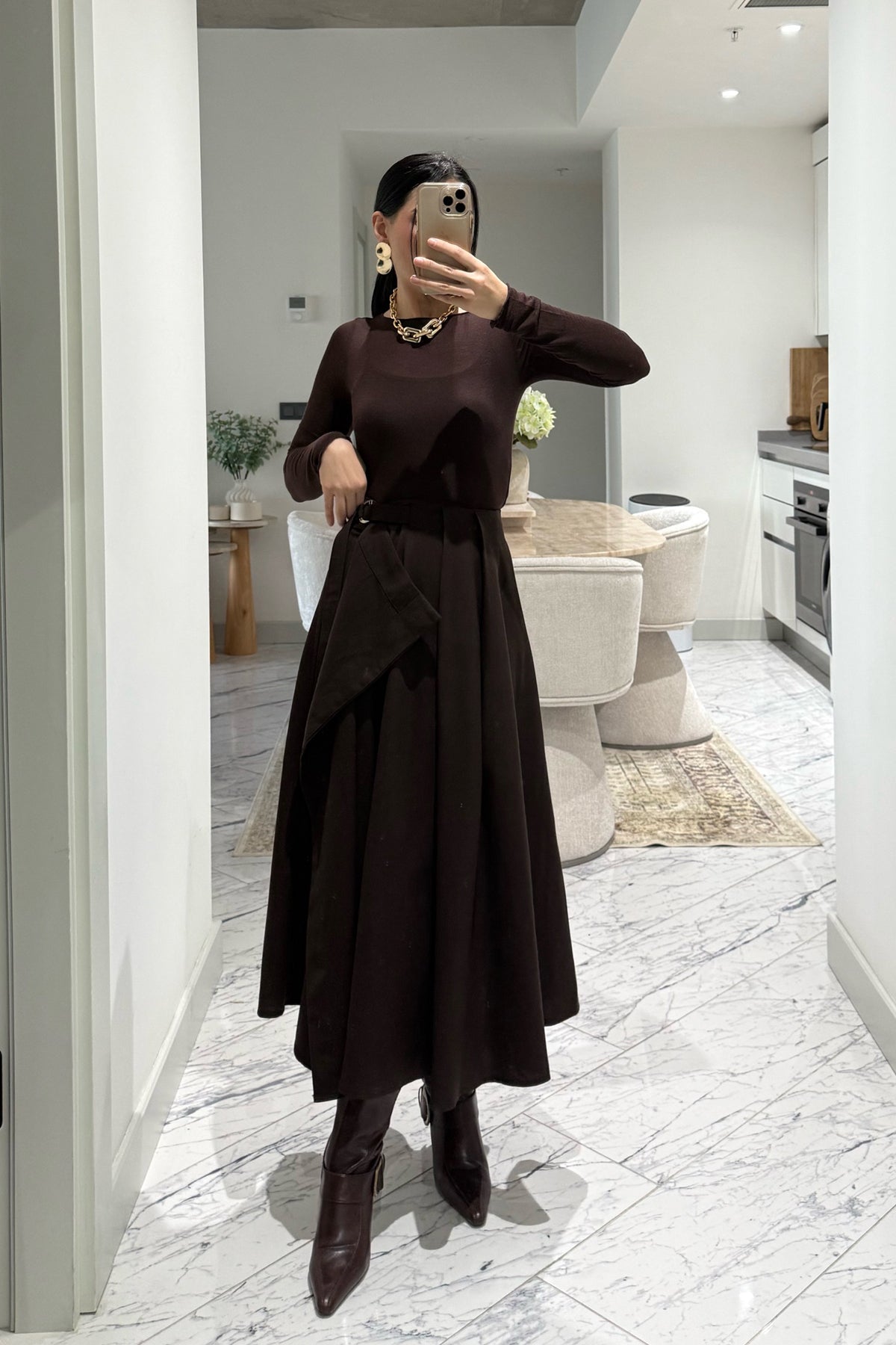 Kahve Taka Detaylı Pareo Kloş Etek SY-3536-Kahve