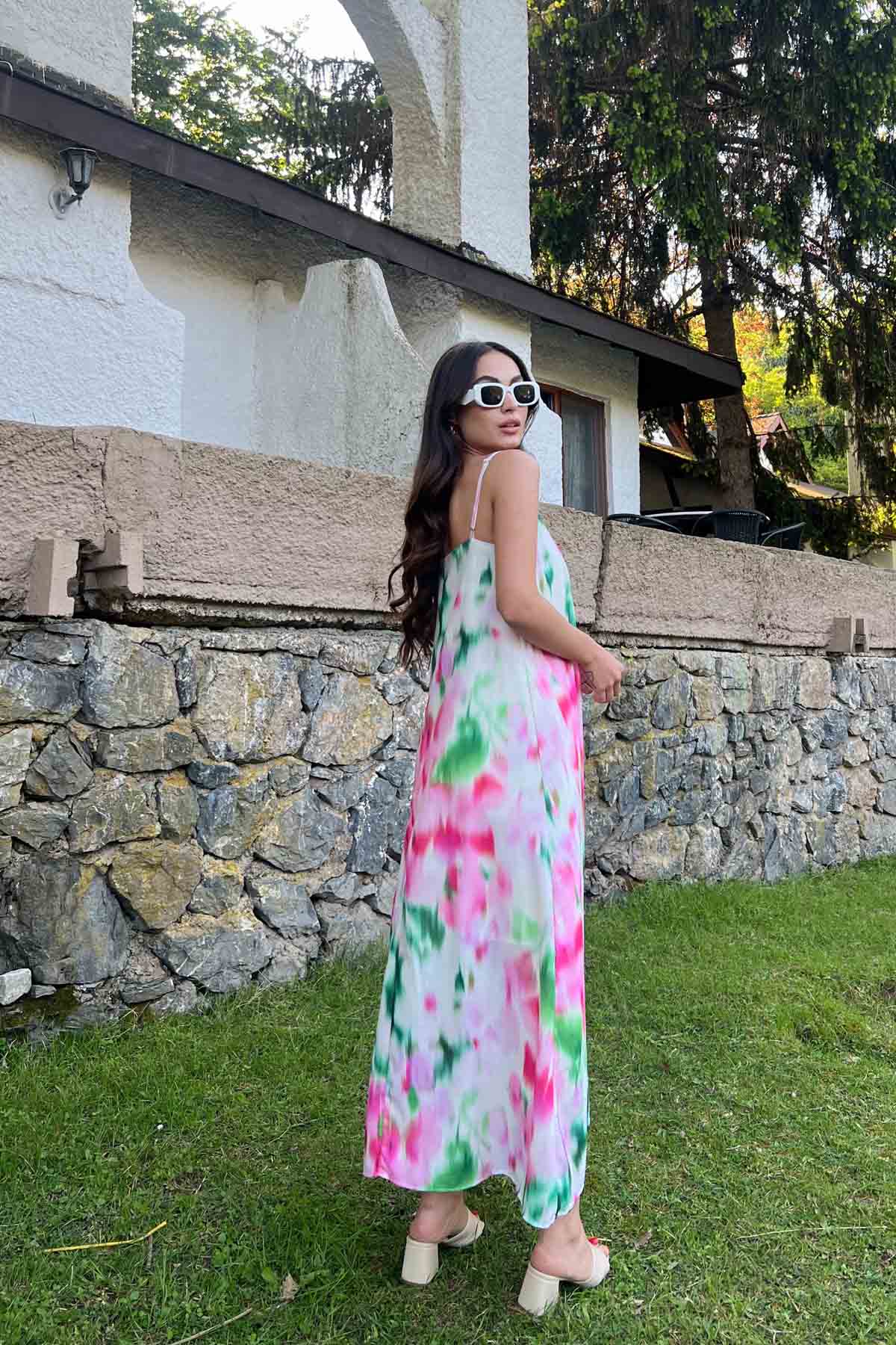 Pembe Çok Renkli Desenli İp Askılı Keten Elbise SY-2020-Pembe