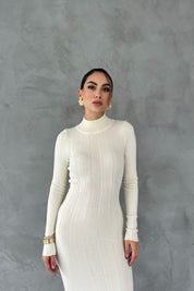 Krem Fitilli Yarım Balıkçı Yaka Uzun Triko Elbise SY-2627-Krem